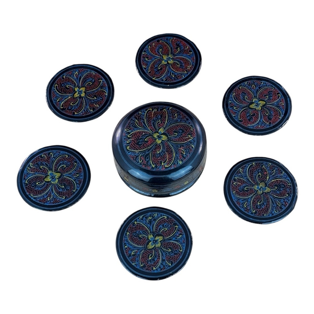 Vintage Handmade Lacquerware Coaster Set of 6 Coasters with Holder
